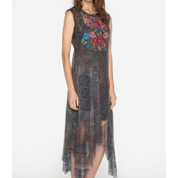 Johnny Was Biya Burnette Mesh Overlay Embroidered Dress Lined S Fairy Grunge - Picture 10 of 10